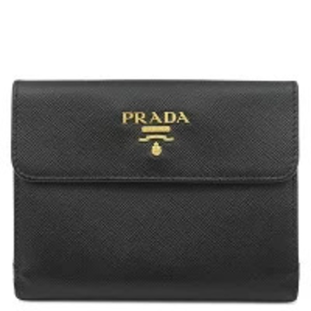 Prada Bi fold Wallet Saffiano Leather Double Snap Closure Compact Nero Black
